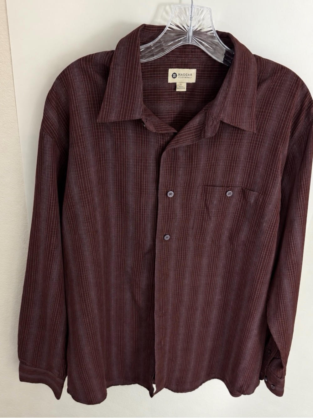 Haggar Men’s Large Brown Burgundy Striped Long Sleeve Button Up Shirt